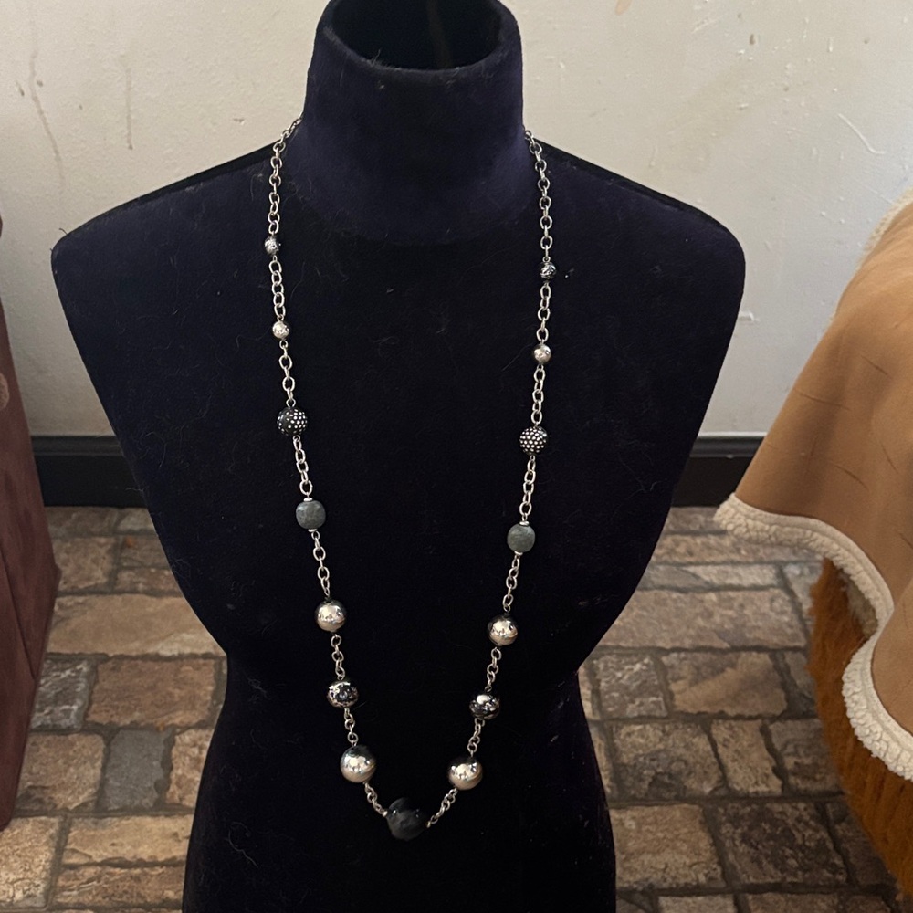 Silver-Toned Long Black Faceted Bead Necklace